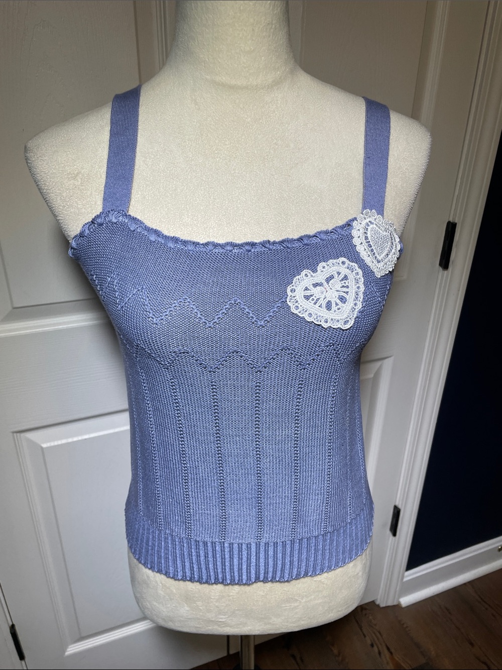 Vintage Ashburton Ltd New Zealand Blue Knit Cami Top Heart Lace Applique Size 6